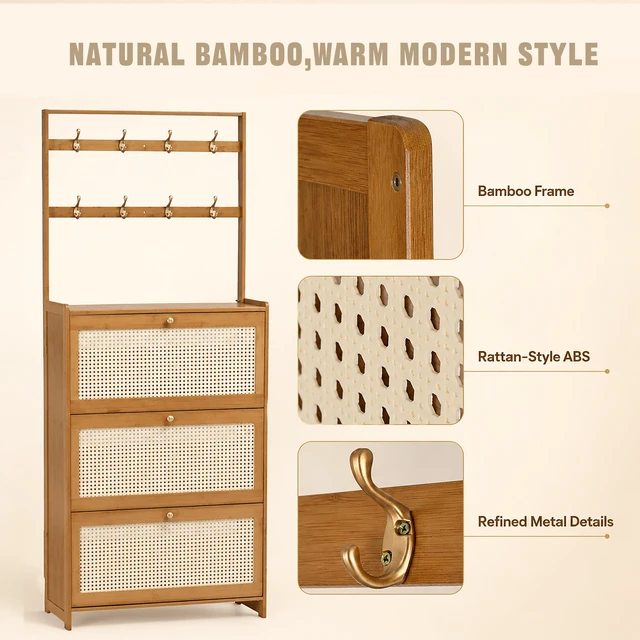 Alt view image 3 of 7 - Shoe Cabinet with Rattan Flip Drawers, Bamboo Shoe Storage Cabinet with Coat Hooks Freestanding Storage for Entryway