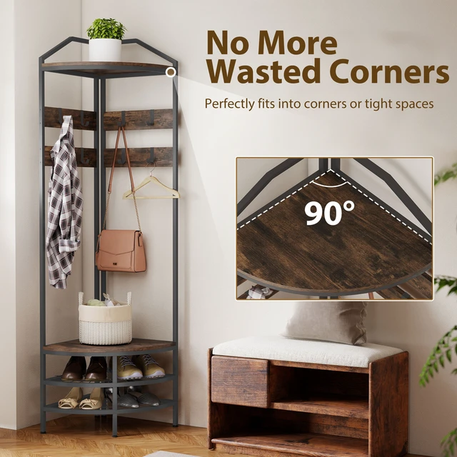Alt view image 6 of 7 - Corner Tree, 4 Tier Coat Rack with Shoe Storage Movable Hooks and Storage Shelves Freestanding Entryway Coat Rack