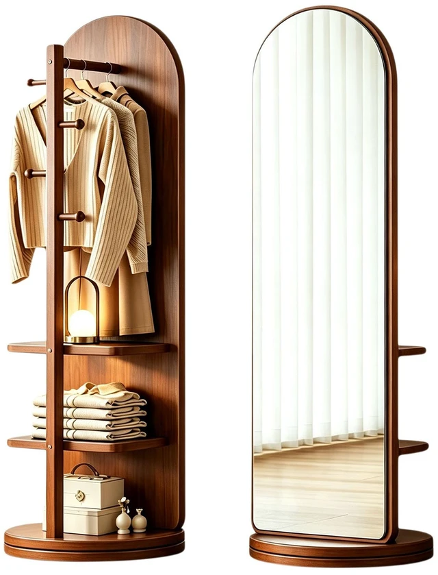 Main image of 65 in 360° Swivel Full Length Mirror, Rotating Standing Floor Mirror with Coat Rack and Storage Shelves Freestanding