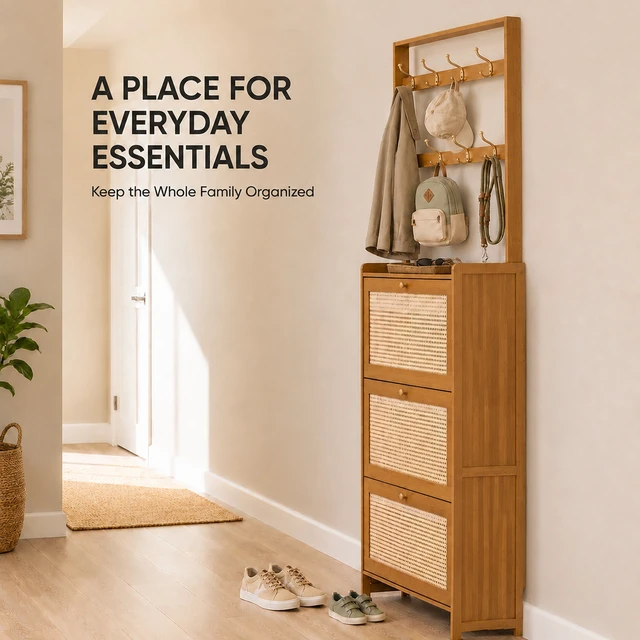 Alt view image 5 of 7 - Shoe Cabinet with Rattan Flip Drawers, Bamboo Shoe Storage Cabinet with Coat Hooks Freestanding Storage for Entryway