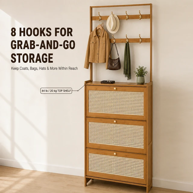 Alt view image 6 of 7 - Shoe Cabinet with Rattan Flip Drawers, Bamboo Shoe Storage Cabinet with Coat Hooks Freestanding Storage for Entryway