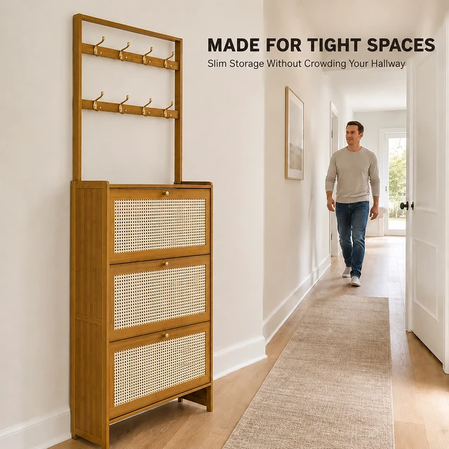 Alt view image 7 of 7 - Shoe Cabinet with Rattan Flip Drawers, Bamboo Shoe Storage Cabinet with Coat Hooks Freestanding Storage for Entryway