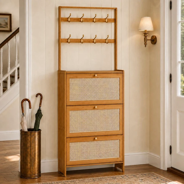 Main image of Shoe Cabinet with Rattan Flip Drawers, Bamboo Shoe Storage Cabinet with Coat Hooks Freestanding Storage for Entryway