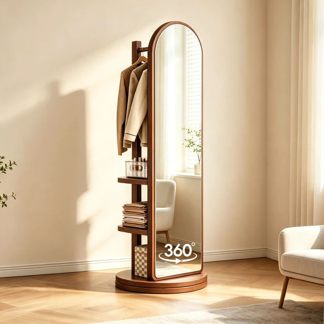 Alt view image 2 of 7 - 65 in 360° Swivel Full Length Mirror, Rotating Standing Floor Mirror with Coat Rack and Storage Shelves Freestanding