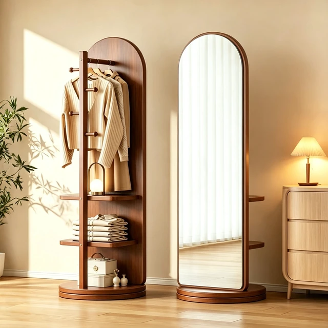 Alt view image 3 of 7 - 65 in 360° Swivel Full Length Mirror, Rotating Standing Floor Mirror with Coat Rack and Storage Shelves Freestanding