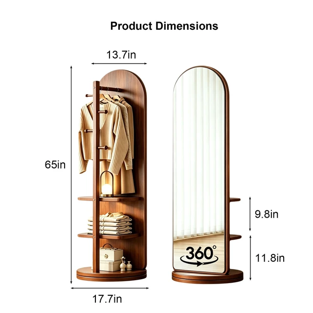 Alt view image 7 of 7 - 65 in 360° Swivel Full Length Mirror, Rotating Standing Floor Mirror with Coat Rack and Storage Shelves Freestanding
