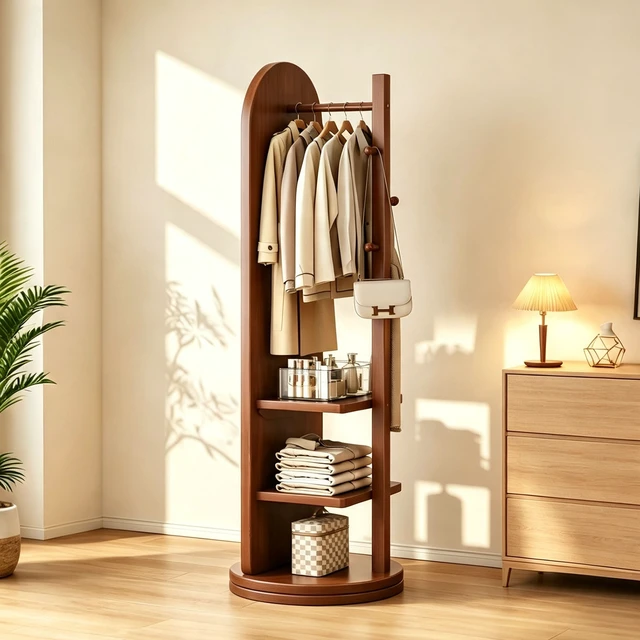 Alt view image 4 of 7 - 65 in 360° Swivel Full Length Mirror, Rotating Standing Floor Mirror with Coat Rack and Storage Shelves Freestanding