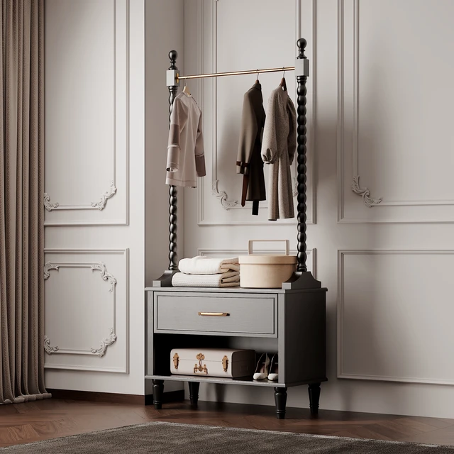 Alt view image 6 of 7 - Clothes Rack, Solid Clothing Rack with 2 Drawers Coat Hanger Floor-Standing Garment for Hanging Shirts Jackets Coat