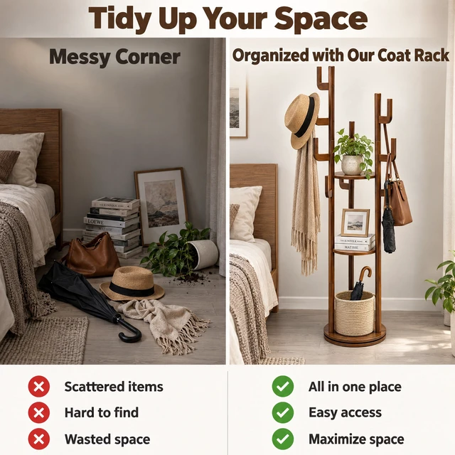 Alt view image 3 of 7 - Coat Rack Freestanding, Solid Rotary Coat Rack with Storage Shelves and 9 Hooks Tree for Entryway Hanger Stand