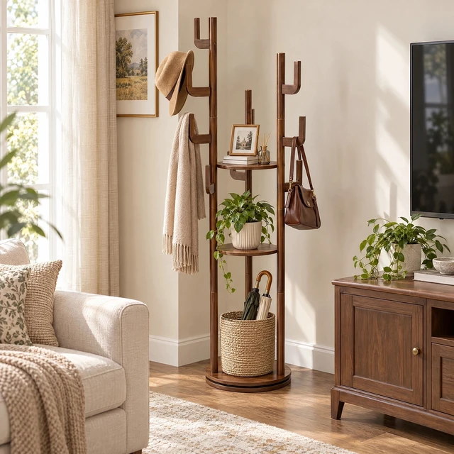 Alt view image 2 of 7 - Coat Rack Freestanding, Solid Rotary Coat Rack with Storage Shelves and 9 Hooks Tree for Entryway Hanger Stand