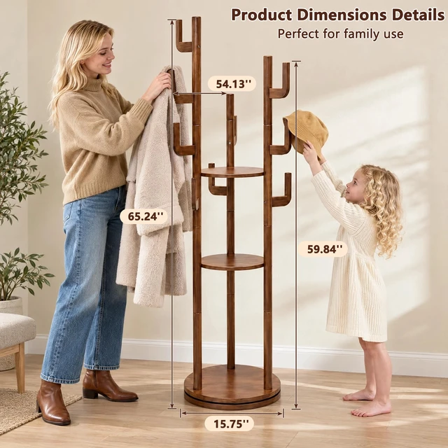 Alt view image 5 of 7 - Coat Rack Freestanding, Solid Rotary Coat Rack with Storage Shelves and 9 Hooks Tree for Entryway Hanger Stand