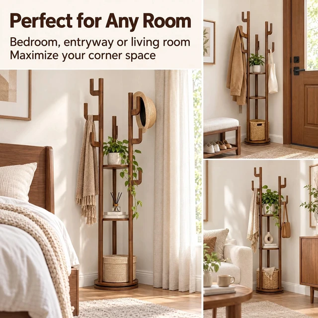 Alt view image 7 of 7 - Coat Rack Freestanding, Solid Rotary Coat Rack with Storage Shelves and 9 Hooks Tree for Entryway Hanger Stand