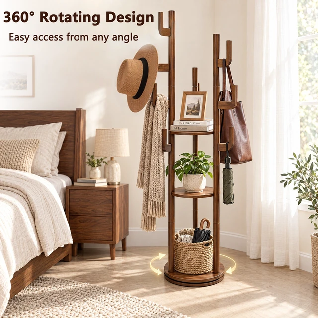 Alt view image 4 of 7 - Coat Rack Freestanding, Solid Rotary Coat Rack with Storage Shelves and 9 Hooks Tree for Entryway Hanger Stand