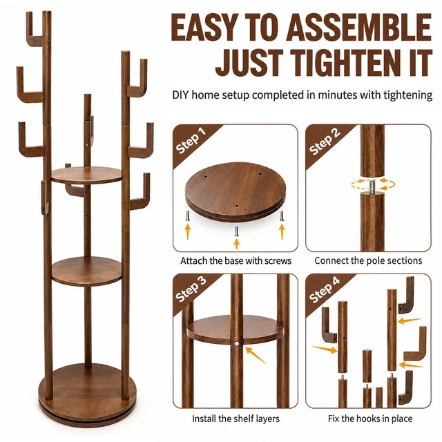 Alt view image 6 of 7 - Coat Rack Freestanding, Solid Rotary Coat Rack with Storage Shelves and 9 Hooks Tree for Entryway Hanger Stand