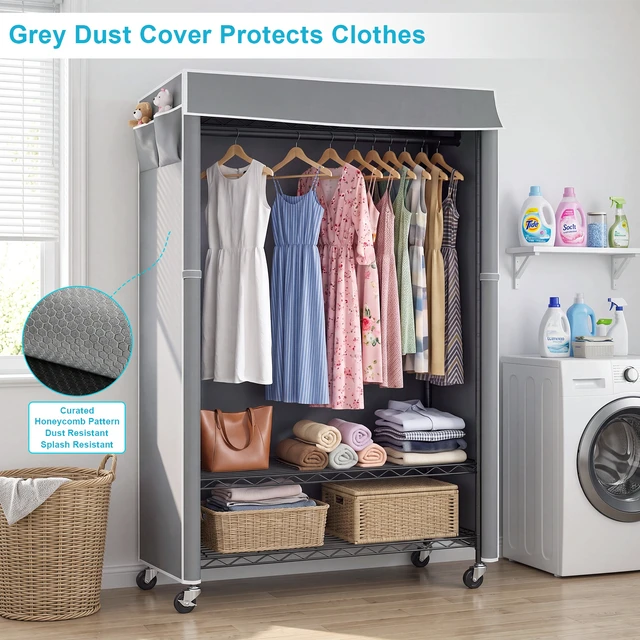 Alt view image 2 of 7 - Clothes Rack with Cover, Rolling Clothes Rack Heavy Duty Garment with Shelves and Grey Cover with Side Pocket Portable