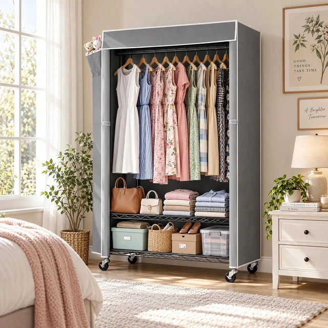 Alt view image 3 of 7 - Clothes Rack with Cover, Rolling Clothes Rack Heavy Duty Garment with Shelves and Grey Cover with Side Pocket Portable