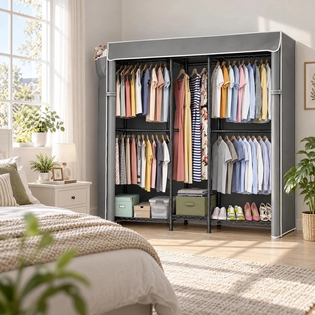 Alt view image 3 of 7 - Heavy Duty Closet Organizer System, Freestanding Clothing Rack with Shelves Adjustable Garment Rack with Grey Cover