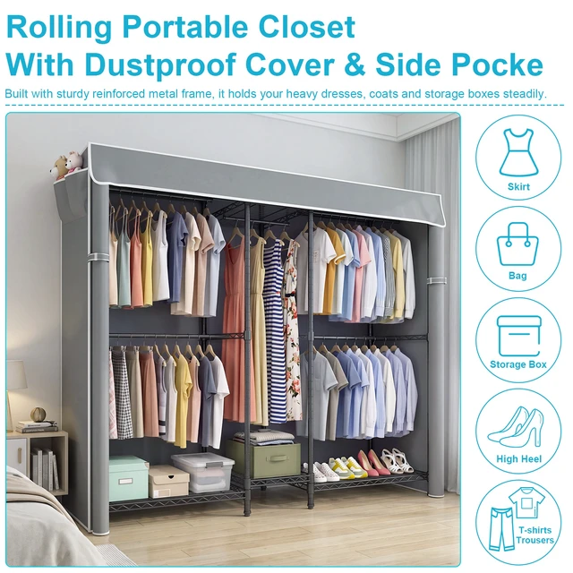 Alt view image 2 of 7 - Heavy Duty Closet Organizer System, Freestanding Clothing Rack with Shelves Adjustable Garment Rack with Grey Cover