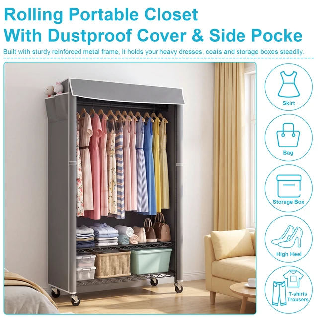 Alt view image 6 of 7 - Clothes Rack with Cover, Rolling Clothes Rack Heavy Duty Garment with Shelves and Grey Cover with Side Pocket Portable