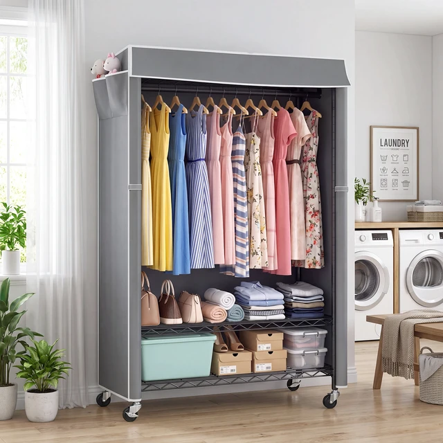 Alt view image 4 of 7 - Clothes Rack with Cover, Rolling Clothes Rack Heavy Duty Garment with Shelves and Grey Cover with Side Pocket Portable