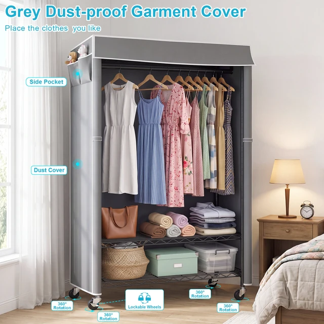 Alt view image 7 of 7 - Clothes Rack with Cover, Rolling Clothes Rack Heavy Duty Garment with Shelves and Grey Cover with Side Pocket Portable