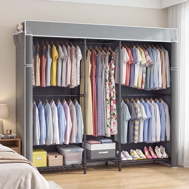 Main image of Heavy Duty Closet Organizer System, Freestanding Clothing Rack with Shelves Adjustable Garment Rack with Grey Cover