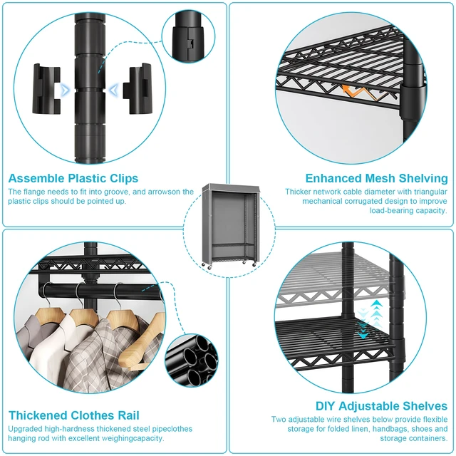 Alt view image 7 of 7 - Heavy Duty Closet Organizer System, Freestanding Clothing Rack with Shelves Adjustable Garment Rack with Grey Cover