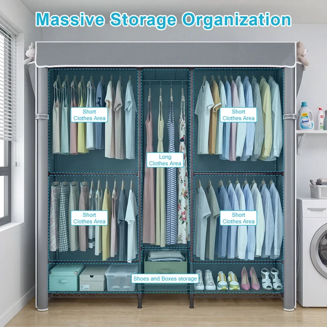 Alt view image 4 of 7 - Heavy Duty Closet Organizer System, Freestanding Clothing Rack with Shelves Adjustable Garment Rack with Grey Cover