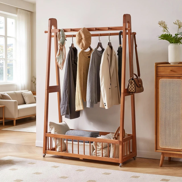 Alt view image 5 of 7 - Solid Freestanding Clothing Garment Rack, ×16.34 ×63.78 Mobile Wooden Clothes Hanger Stand with Lockable Wheels Hook