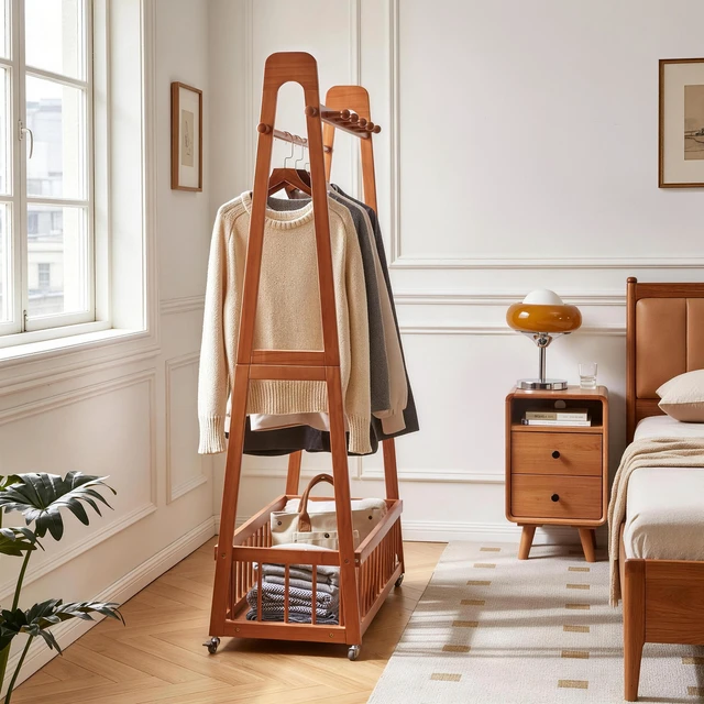 Alt view image 4 of 7 - Solid Freestanding Clothing Garment Rack, ×16.34 ×63.78 Mobile Wooden Clothes Hanger Stand with Lockable Wheels Hook