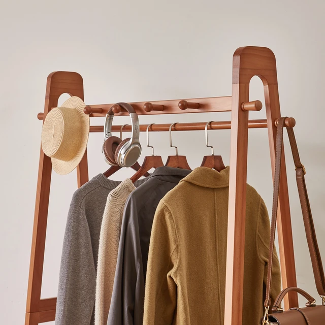 Alt view image 3 of 7 - Solid Freestanding Clothing Garment Rack, ×16.34 ×63.78 Mobile Wooden Clothes Hanger Stand with Lockable Wheels Hook