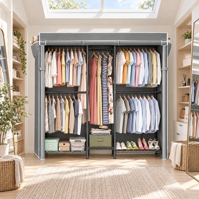 Alt view image 6 of 7 - Heavy Duty Closet Organizer System, Freestanding Clothing Rack with Shelves Adjustable Garment Rack with Grey Cover