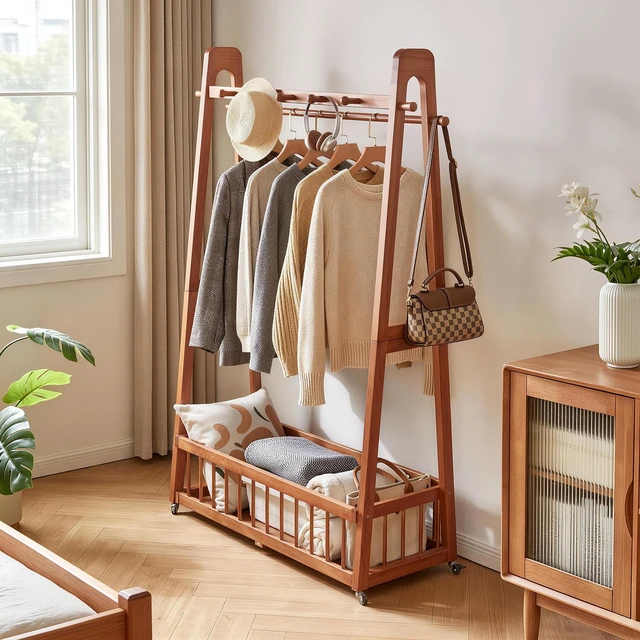 Alt view image 2 of 7 - Solid Freestanding Clothing Garment Rack, ×16.34 ×63.78 Mobile Wooden Clothes Hanger Stand with Lockable Wheels Hook