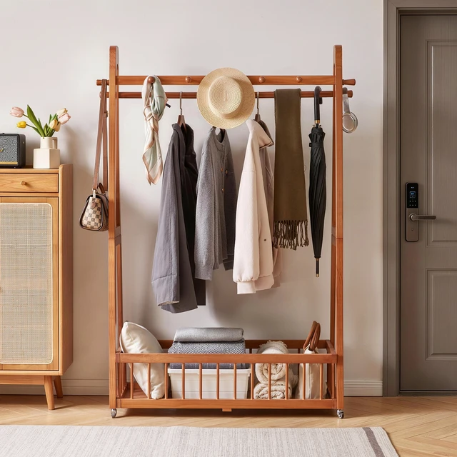 Alt view image 6 of 7 - Solid Freestanding Clothing Garment Rack, ×16.34 ×63.78 Mobile Wooden Clothes Hanger Stand with Lockable Wheels Hook