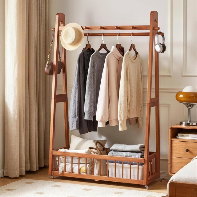 Main image of Solid Freestanding Clothing Garment Rack, ×16.34 ×63.78 Mobile Wooden Clothes Hanger Stand with Lockable Wheels Hook