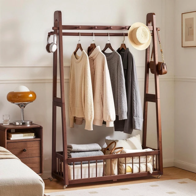 Alt view image 3 of 7 - Solid Freestanding Clothing Garment Rack, ×16.34 ×63.78 Mobile Wooden Clothes Hanger Stand with Lockable Wheels Hook