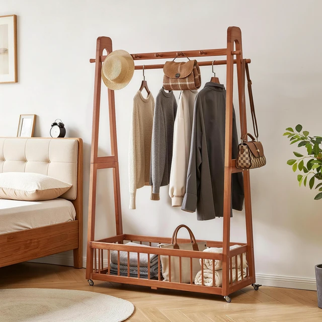 Alt view image 7 of 7 - Solid Freestanding Clothing Garment Rack, ×16.34 ×63.78 Mobile Wooden Clothes Hanger Stand with Lockable Wheels Hook
