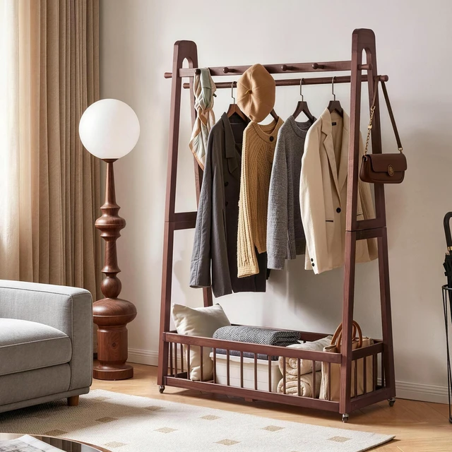 Alt view image 2 of 7 - Solid Freestanding Clothing Garment Rack, ×16.34 ×63.78 Mobile Wooden Clothes Hanger Stand with Lockable Wheels Hook
