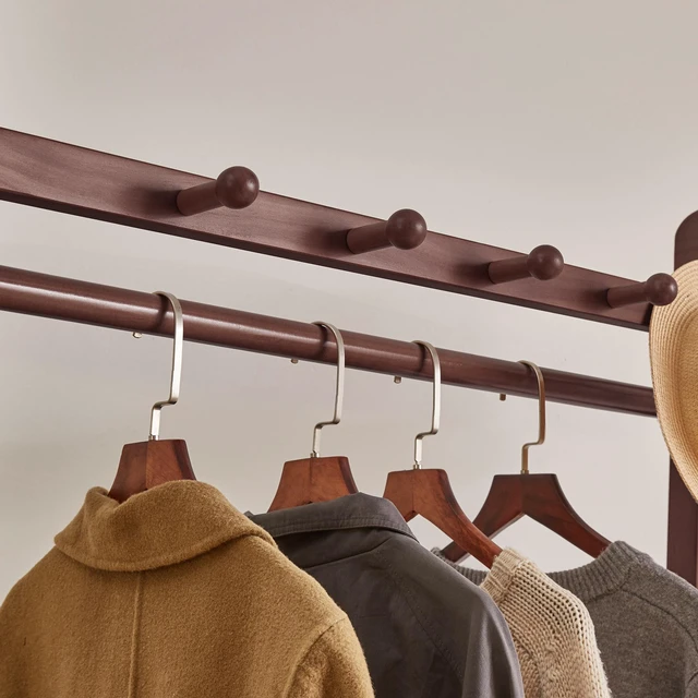 Alt view image 5 of 7 - Solid Freestanding Clothing Garment Rack, ×16.34 ×63.78 Mobile Wooden Clothes Hanger Stand with Lockable Wheels Hook