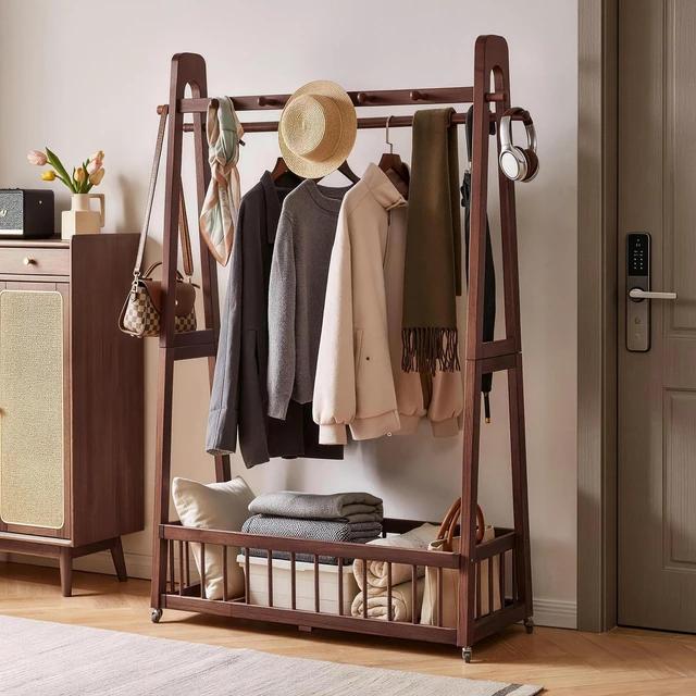 Alt view image 6 of 7 - Solid Freestanding Clothing Garment Rack, ×16.34 ×63.78 Mobile Wooden Clothes Hanger Stand with Lockable Wheels Hook