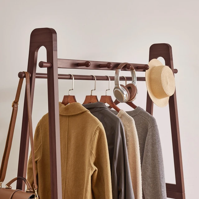 Alt view image 4 of 7 - Solid Freestanding Clothing Garment Rack, ×16.34 ×63.78 Mobile Wooden Clothes Hanger Stand with Lockable Wheels Hook