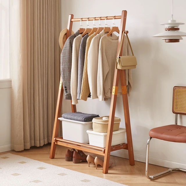 Main image of Heavy Duty Solid Freestanding Clothes Rack, ×17.72 ×62.4 Shaped Garment Hanger Stand with Bottom Storage Shelf and Side