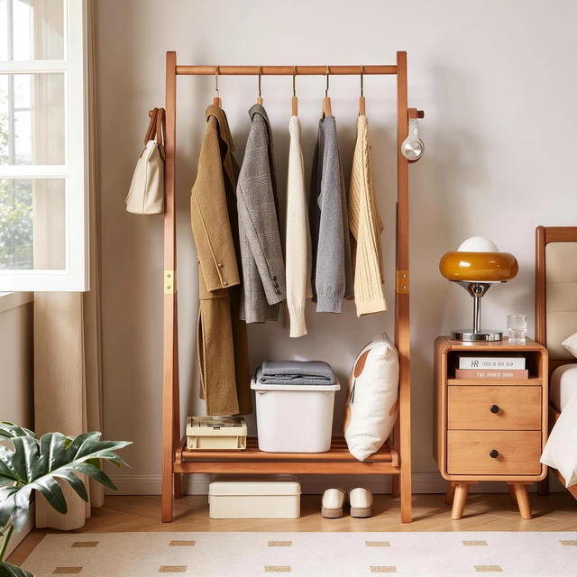 Alt view image 2 of 7 - Heavy Duty Solid Freestanding Clothes Rack, ×17.72 ×62.4 Shaped Garment Hanger Stand with Bottom Storage Shelf and Side