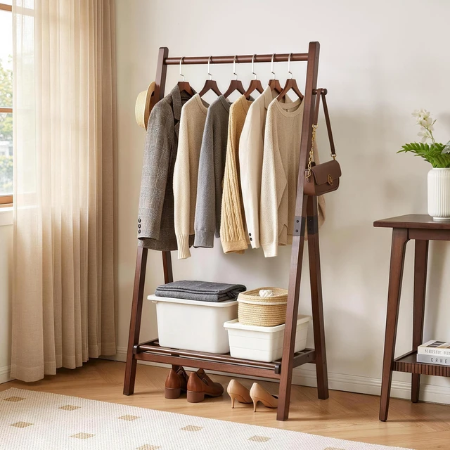 Main image of Heavy Duty Solid Freestanding Clothes Rack, ×17.72 ×62.4 Shaped Garment Hanger Stand with Bottom Storage Shelf and Side