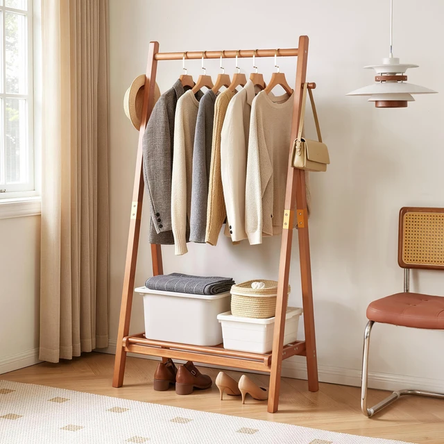 Alt view image 3 of 7 - Heavy Duty Solid Freestanding Clothes Rack, ×17.72 ×62.4 Shaped Garment Hanger Stand with Bottom Storage Shelf and Side