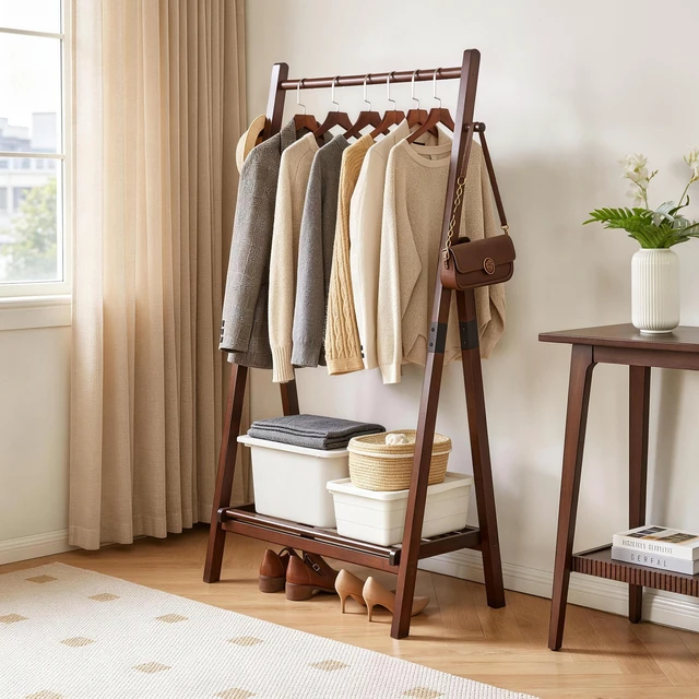 Alt view image 2 of 7 - Heavy Duty Solid Freestanding Clothes Rack, ×17.72 ×62.4 Shaped Garment Hanger Stand with Bottom Storage Shelf and Side