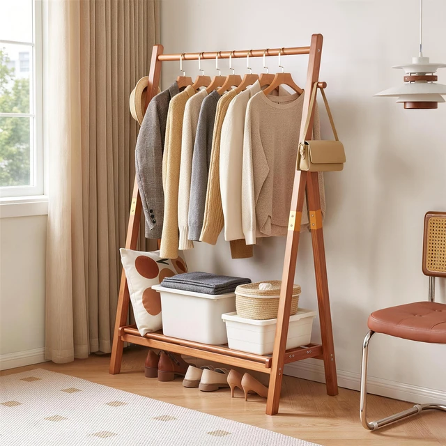 Alt view image 2 of 7 - Heavy Duty Solid Freestanding Clothes Rack, ×17.72 ×62.4 Shaped Garment Hanger Stand with Bottom Storage Shelf and Side