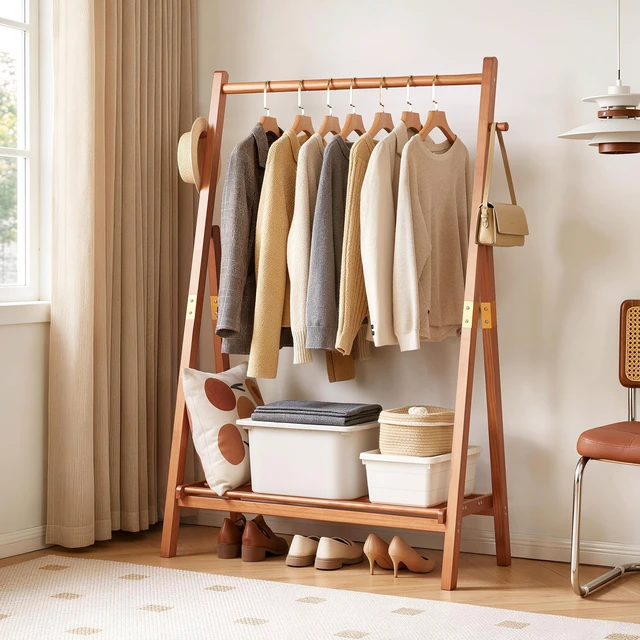 Alt view image 4 of 7 - Heavy Duty Solid Freestanding Clothes Rack, ×17.72 ×62.4 Shaped Garment Hanger Stand with Bottom Storage Shelf and Side