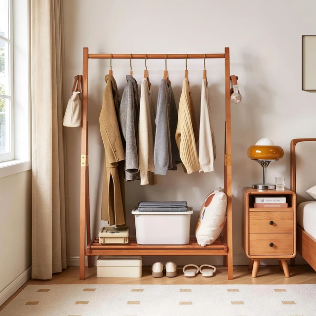 Alt view image 5 of 7 - Heavy Duty Solid Freestanding Clothes Rack, ×17.72 ×62.4 Shaped Garment Hanger Stand with Bottom Storage Shelf and Side
