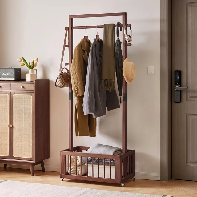 Alt view image 2 of 7 - Solid Freestanding Coat Rack with Rolling Wheels and Storage Basket, ×15.75 ×70.87 Walnut Finish Clothes Hanger Stand